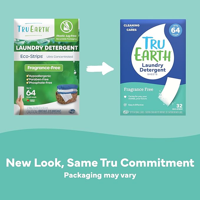 Tru Earth Compact Dry Laundry Detergent, Unscented - Up to 64 Loads (32 Sheets) | Liquidless Detergent, Travel | Packaging May Vary