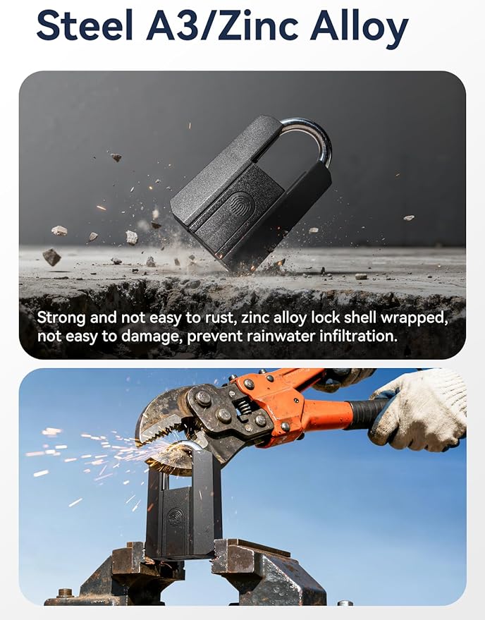 NexusLab Heavy Duty Fingerprint Padlock, Gate Locks for Outdoor Fence with Key, Rechargeable, 1-Year Standby, IP67 Waterproof, 50 Fingerprints,Ideal for Fence, Shed, Pool, Gate & Warehouse Security