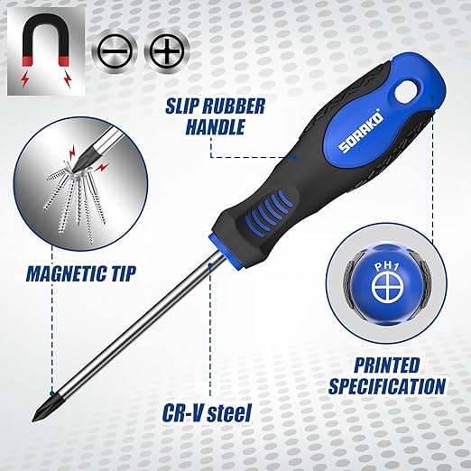 SORAKO 11-Piece Magnetic Screwdriver Set, 5 Phillips and 5 Slotted Tips, Include Magnetizer, Screwdriver with Professional Non-Slip Grip, for Home Repair and DIY Projects，With Case