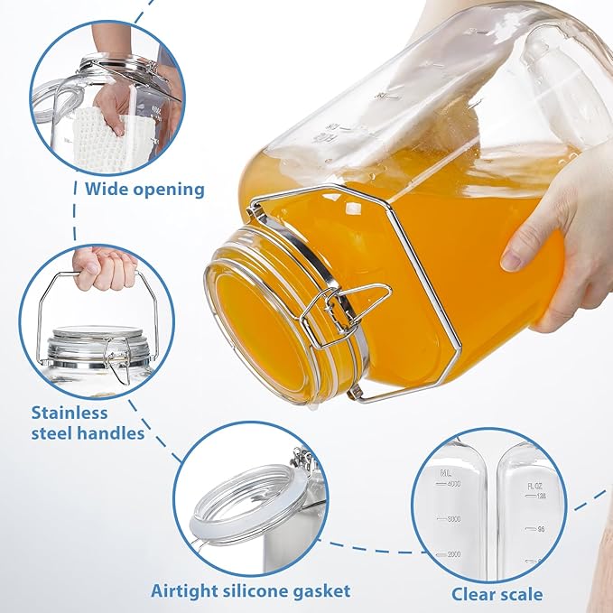 1.5 Gallon Glass Jars With Airtight Lid, Gallon Mason Jars Wide Mouth w Scale Marks(192 FL Oz), Glass Storage Containers with Lids And Sturdy Handles For Flour, Sugar, Baking Supplies, Set of 2