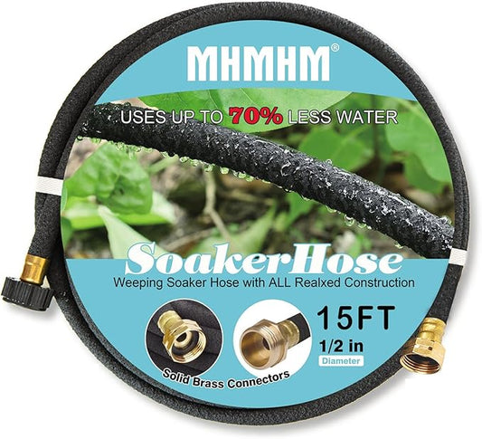 1/2" Soaker Hose for Garden Drip Hose Irrigation System with Solid Brass Fitting for Lawns Flower Beds & Vegetable Gardens (15FT)