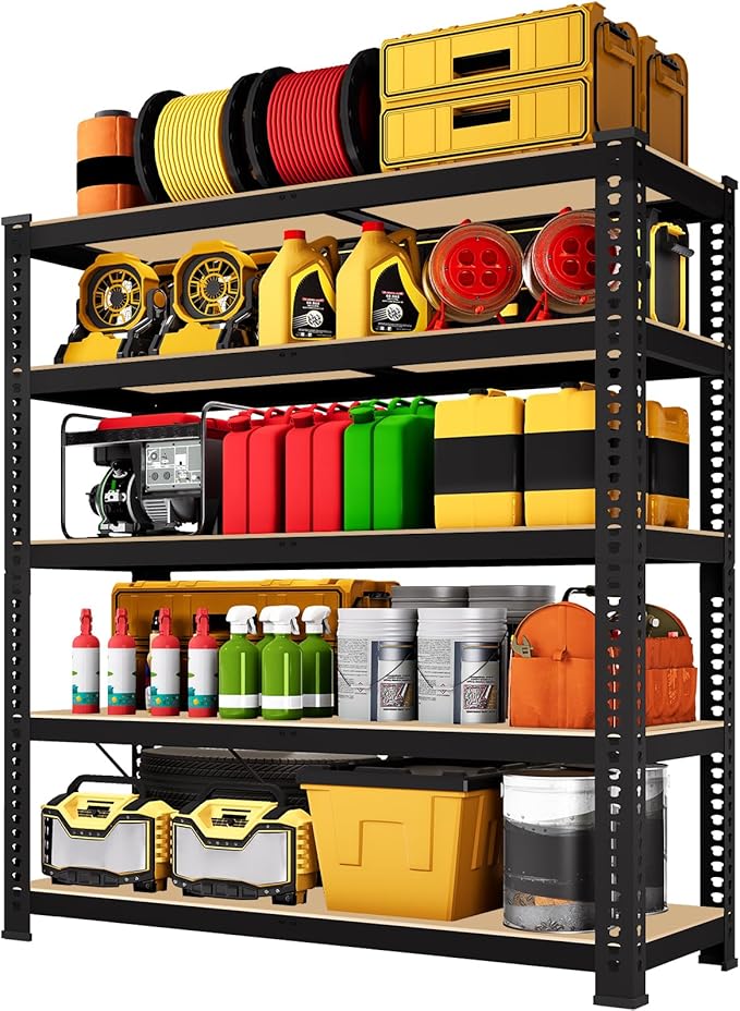 71"H x 35.5"W x 16"D 5-Tier Metal Storage Shelves: Heavy Duty Garage Shelving Adjustable Shelves for Storage - Black Utility Rack Shelf for Pantry, Warehouse, Closet, Office, Kitchen