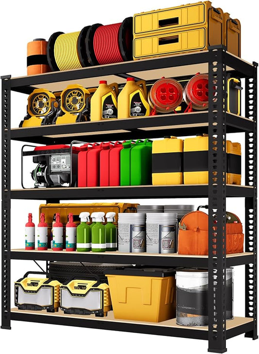 71"H x 35.5"W x 16"D 5-Tier Metal Storage Shelves: Heavy Duty Garage Shelving Adjustable Shelves for Storage - Black Utility Rack Shelf for Pantry, Warehouse, Closet, Office, Kitchen