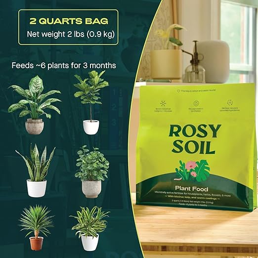 Rosy Soil Plant Food - Microbially Active Fertilizer for Houseplants, Herbs, Flowers – Enriched with Biochar, Kelp, and Worm Castings – Organic Food for Healthy Growth – 2 Quarts