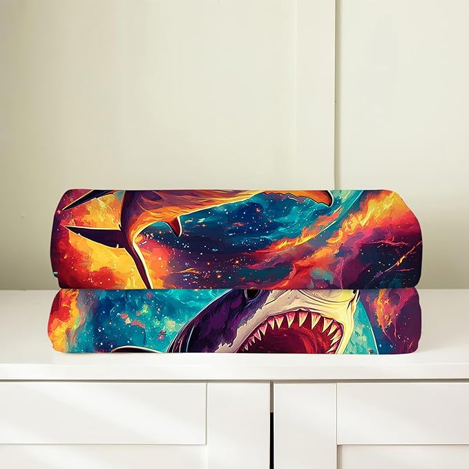 Shark Blanket, Space Shark Throw Blanket Gifts Blankets Stuff Fleece Flannel Plush for Girls Women Men Boys Lovers Adults Soft Bedding Gift for Sofa Bed Office Home Decor 60"x50"