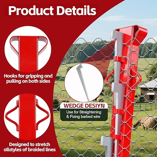 4 FT Woven Wire Fence Stretcher Bar with 5 Wedges, Heavy Duty Steel Chain Link Fabric Fence Stretcher, Woven Wire Stretcher with Gloves, for Fixing Fences on Farms, Garden Barriers