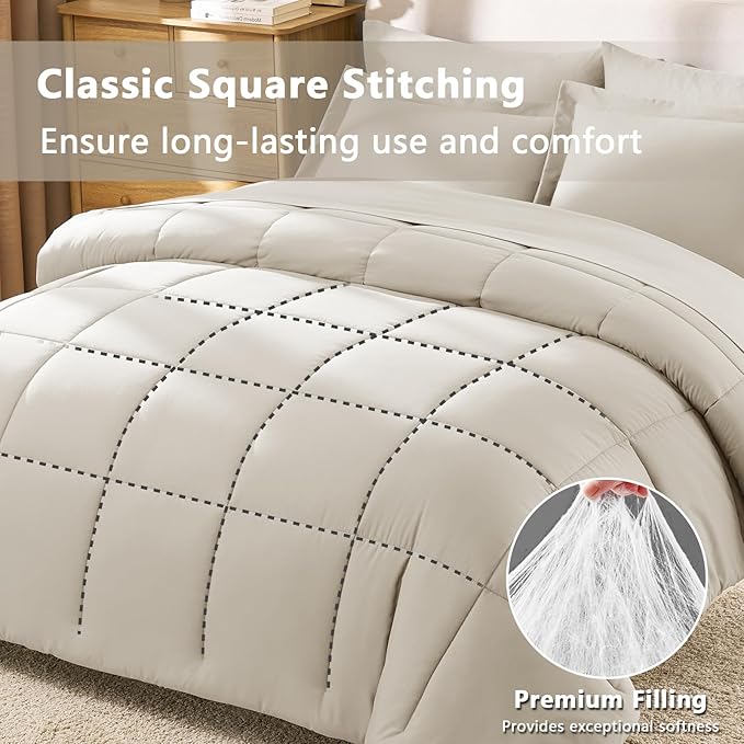 CozyLux California King Comforter Set Beige - 7 Pieces California King Bed in a Bag Set, All Season Soft Bedding Sets with Comforter, Flat Sheet, Fitted Sheet, Pillowcases & Pillow Shams