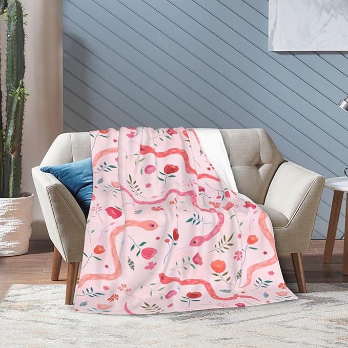 Cute Snake Reptile Blanket Ultra Soft Cozy Pink Flower Snake Throw Blanket Fleece Fuzzy Plush Bedding Blanket Real Snake Lovers Gifts for Women Girls Kids Adults Couch Sofa 80"x60"