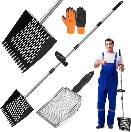 Chicken Poop Scooper and Rake 2-in-1 Metal Coop Scooper 15 to 65" Adjustable Stainless Steel Handle, with Small Net Shovel and Gloves Chicken Coop Goat Stall Stable Cleaning Tools