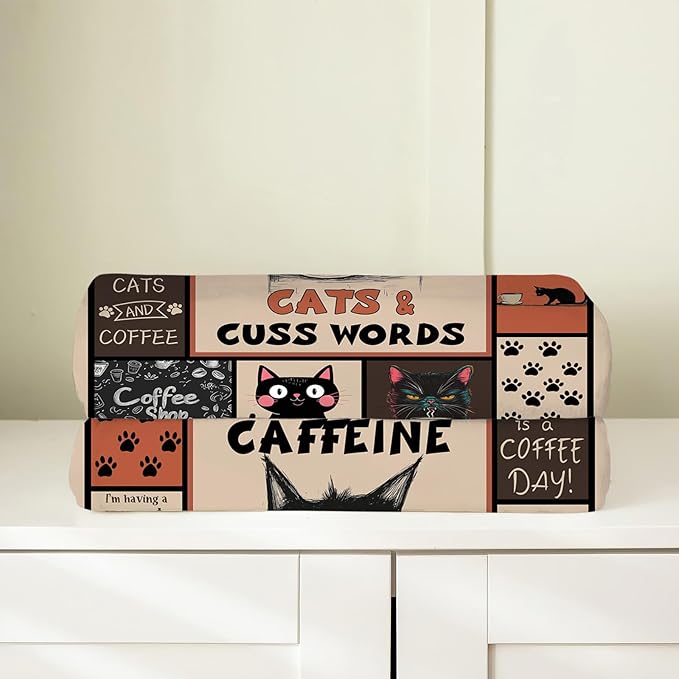 Coffee Blanket, Black Cat Coffee Throw Blanket, Cafe Gifts Blankets Stuff Fleece Flannel Plush for Girls Women Men Boys Lovers Adults Soft Bedding Gift for Sofa Bed Office Home Decor 60"x50"