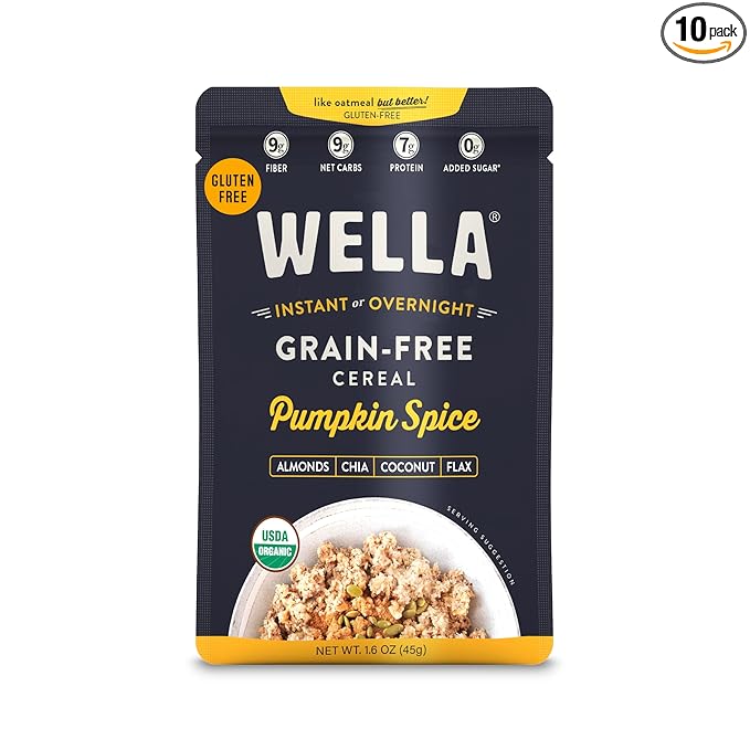 Wella Cereal Oatmeal Alternative, Gluten-Free Breakfast Hot Cereal, Grain-Free Paleo Organic Vegan High Protein Superfood, Plant-Based Non-GMO, Low in Net Carbs, Single-Serve Packets, Pumpkin Spice Flavor (10 Count, 1.6 oz. Packets)