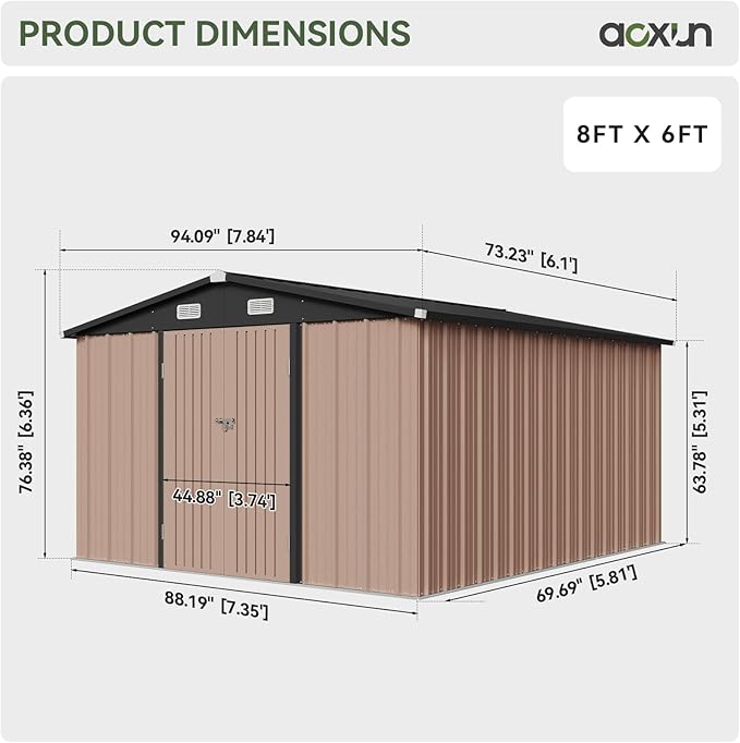 Aoxun 8x6 FT Outdoor Storage Shed Garden Metal Shed with Lockable Door Outdoor Large Shed for Tool, Garbage Can, Bike, Mower, Brown