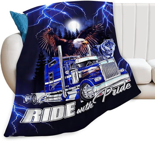Semi Truck Blanket Decor Gifts for Trucker, Truck Flannel Fleece Fuzzy Lorry Throw Blankets, Soft Warm Cozy Plush Eagle Wolf Stuff Blanket for Kids Adult 50"x40"