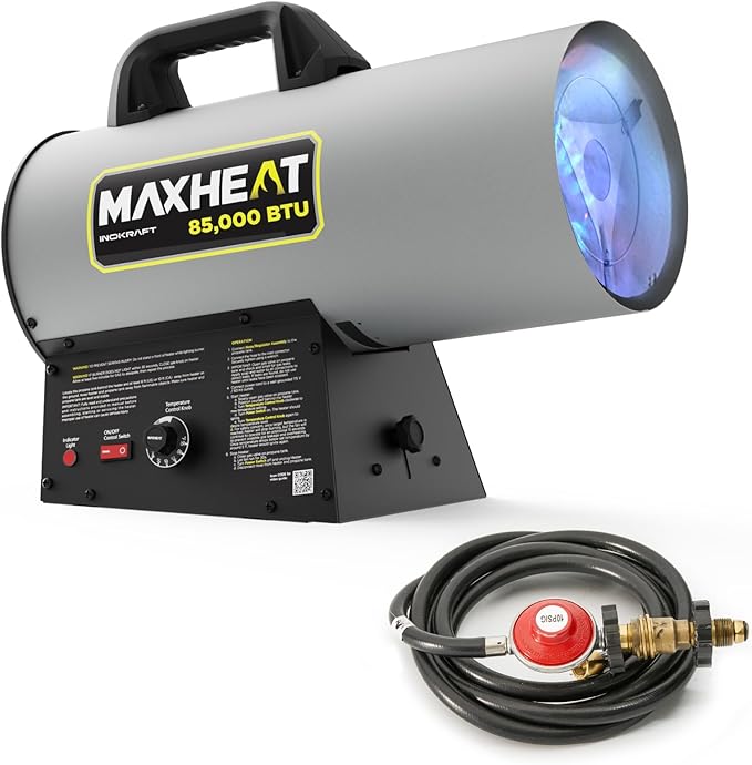 InoKraft Maxheat MH85 85,000 BTU Forced Air Propane Heater, Auto 25-95℉ On/OFF Control, Portable Garage/Shop Heater for Garages, Job Sites - 10ft Hose