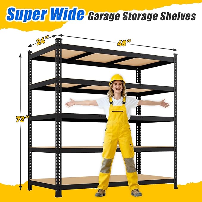 48" W x 24" D x 72" H Garage Shelving Heavy Duty: 5 Tier Metal Storage Shelves - Adjustable Shelving Unit, Utility Rack Shelf for Pantry, Warehouse, Office, Kitchen, Black, 3PCS