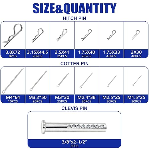 367 PCS Heavy Duty Pin Assortment Kit, Hitch Pins R Clip PIns/ Hair Pins/ Lynch Pins/ PTO Pins/ Cotter Pins/ Clevis Pins for Trucks Trailers Tractors Mowers 3 Point Accessories, Farm, Lawn and Garden