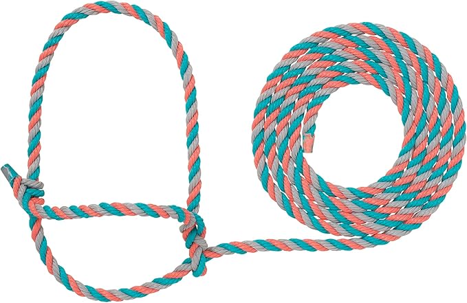 Weaver Livestock Braided Poly Rope Cattle Halter, Adjustable, Modern Style Cow Calf Halter, Livestock Handling Equipment for Showing, Coral/Gray/Teal