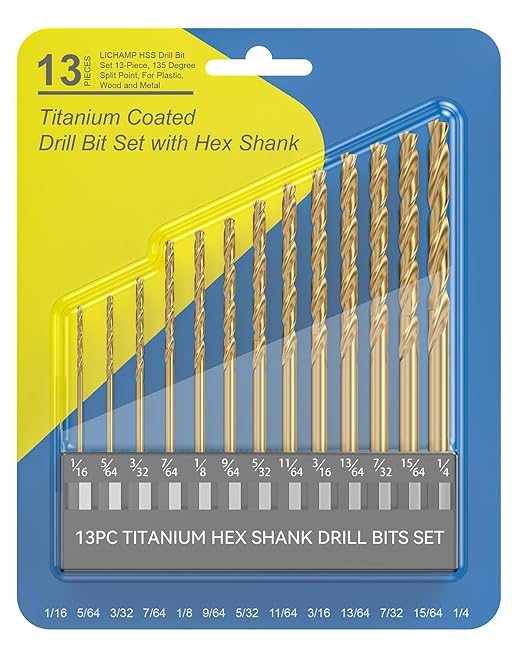 Lichamp 1/16" -1/4" Hex Shank Drill Bit Set, 13pc Titanium Coated High-Speed Steel Bits, 1/4" Quick Change Shank for Hard Metal, Hardened Twist Drill Set