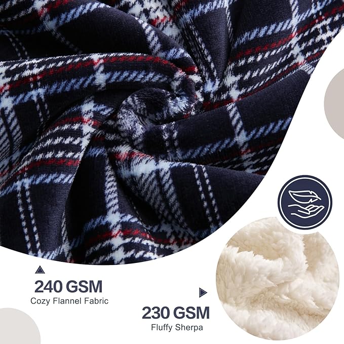 PU MEI Sherpa Fleece Throw Blanket 80" x 90" Reversible Plush Fluffy Large Big Blanket Lattice Flannel Blankets for All Season Use, Navy Blue Check