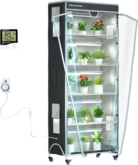 Indoor Greenhouse 6-Tier Plant Rack with Cover, 5 T8 Grow Lights, Thermometer & Timer – Seedlings, Flowering, Herbs & Vegetables, Indoor Gardening, Easy Assembly 29.8" L x 13.9" W x 71.8" H