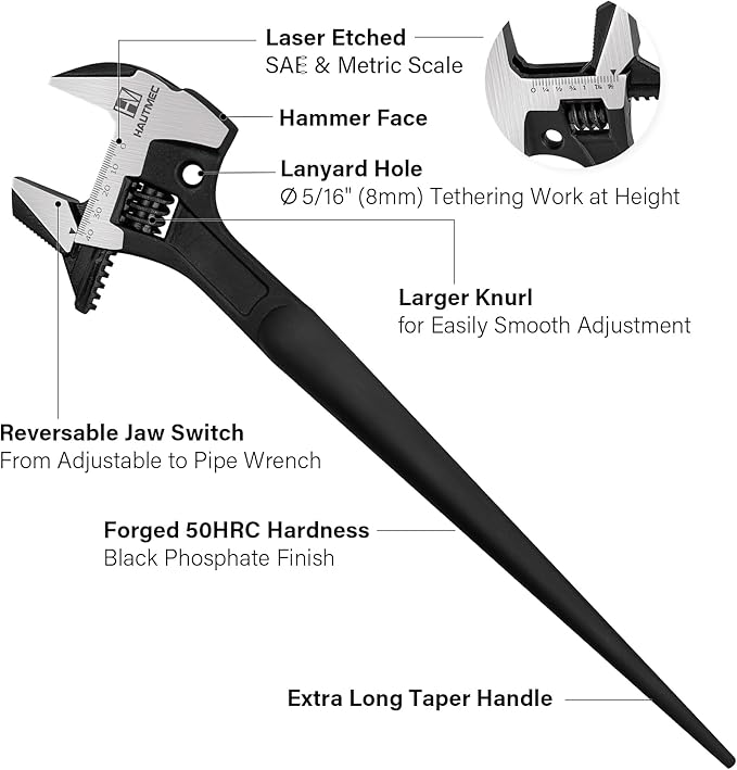 HAUTMEC 16inch Adjustable Spud Wrench, 4 in 1 Multifunctional Spud Wrenches, Adjustable Wrench and Hammer, Extra Wide Jaw Up to 1.6" (41mm) Metric & SAE Scale, Oxide Finish, for Garage Workshop DIY