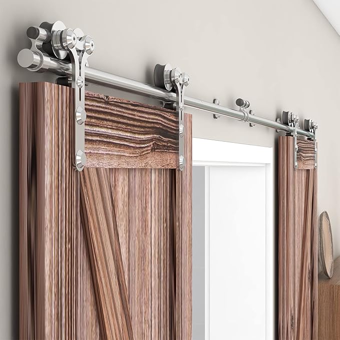 TSMST 4FT Sliding Barn Door Hardware Kit, Top Mount Stainless Steel Heavy Duty Sturdy Barn Door Track for Double Wood Door, Slide Smoothly Quietly (Y Style)