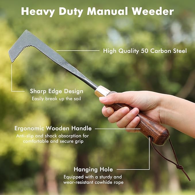 RESTMO Heavy Duty Crack Weeder Tool, Crevice Weeding Tool for Garden Lawns, Courtyards, and Patio Paving with Moss, L-Shaped Manual Weeder, Wooden Handle Gardening Tool