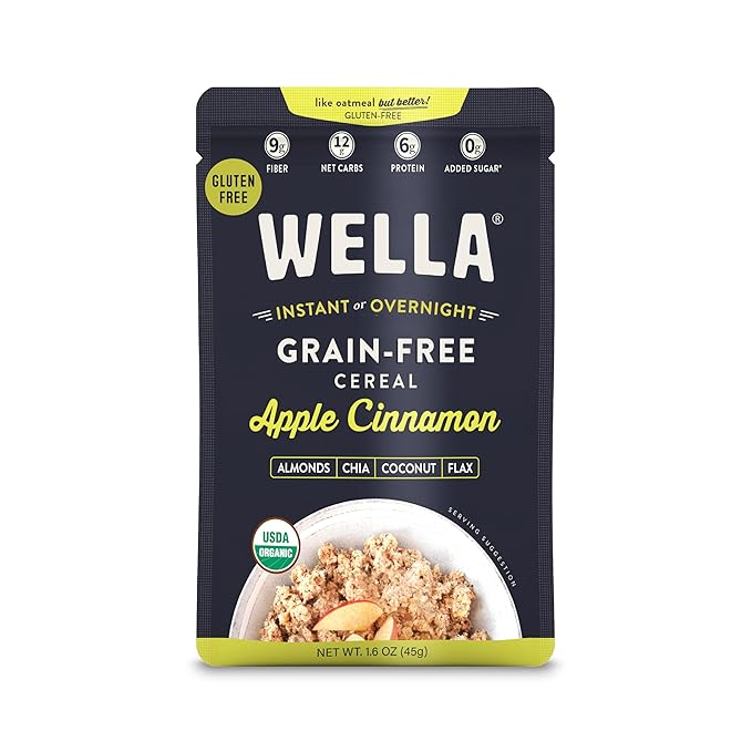 Wella Cereal Oatmeal Alternative, Gluten-Free Breakfast Hot Cereal, Grain-Free Paleo Organic Vegan High Protein Superfood, Plant-Based Non-GMO, Low in Net Carbs, Single-Serve Packets, Apple Cinnamon Flavor (10 Count, 1.6 oz. Packets)