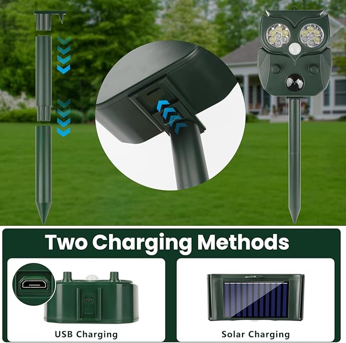 2 Pack 2025 Upgraded Solar Ultrasonic Animal Repellent Outdoor – Motion Activated Deer, Squirrel, Cat, Raccoon, Dog & Bird Deterrent with Multi-Frequency LED Strobe & Ultrasonic Sweep for Yard Garden