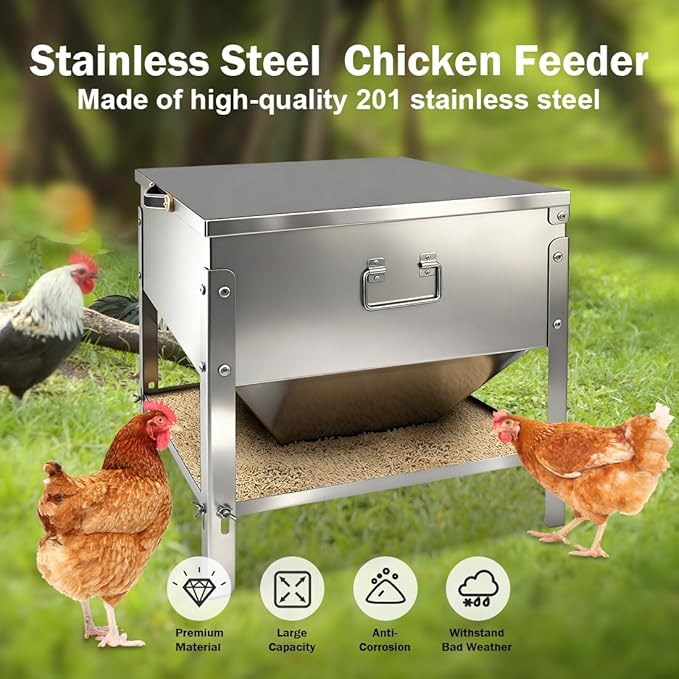 Stainless Steel Chicken Feeder No Waste, Large Capacity Poultry Feeder, Adjustable Metal Chicken Coop Feeder with Lid and Handle