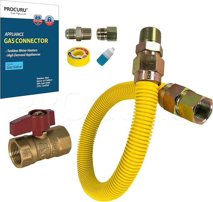 PROCURU 1" OD x 24" (2Ft) x 3/4"MIP x 3/4"FIP Universal Flexible Gas Connector Kit with Gas Valve, Weatherproof MaxFlow Stainless Steel Tubing for Tankless Water Heater (Blue-B1 Series)