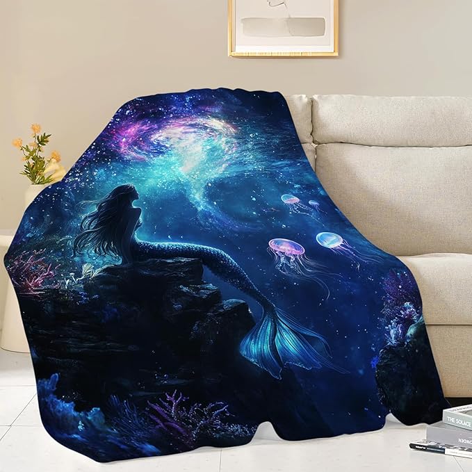Mermaid Blanket, Blue Ocean Throw Blanket, Underwater Jellyfish Gifts Blankets Stuff Fleece Flannel Plush for Girls Women Men Boys Lovers Adults Soft Bedding Gift for Sofa Bed Office Decor 80"x60"