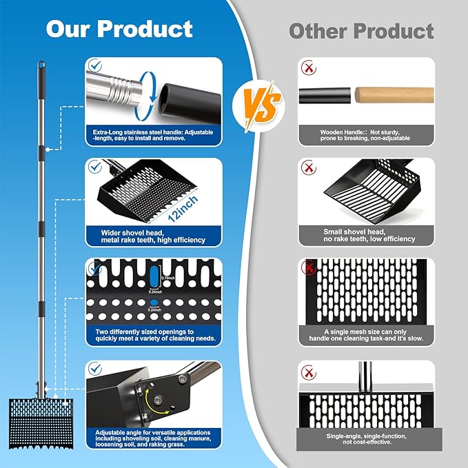 12-Inch 2-in-1 Chicken Poop Scooper & Rake, Chicken Coop Scoop with Adjustable Stainless Steel Handle （24–64"）, 3 Angles & 2 Sifting Holes, Litter Scoop Sand Sifting Shovel Pooper Scooper (Black)