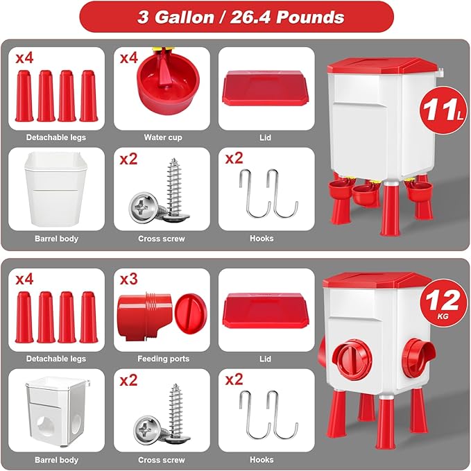 Chicken Feeder and Waterer with Set 3 Gallon/26.4 Pounds, Automatic Chick Feeder and Waterer Set No Waste, Poultry Feeder Large for Hens/Ducks/Poultry(Red
