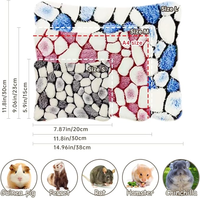 4 Pieces Guinea Pig Bunny Comfortable Bed Mats Pads, Rabbit Warm Soft Bed, Hamster Bedding Pad Mats for Small Animals Chinchilla Hedgehog Baby Cats (14.9"X11.8", 2.Cobblestones Pattern)