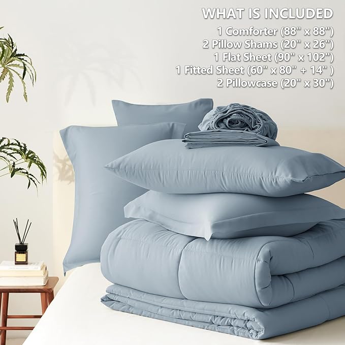 CozyLux Queen Comforter Set Grayish Blue, 7 Pieces Bed in a Bag Queen, All Season Breathable Bedding Sets,Oeko-Tex Certified Bed Set with Down Alternative Comforter, Sheets, Pillowcases & Pillow shams
