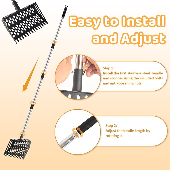 Chicken Poop Scooper & Rake, 2-in-1 Heavy Duty Metal Chicken Coop Scoop with Adjustable Length (36"–65"), Poultry Litter Tools Scooper Sand Sifting Shovel for Chicken Coops Animal Farms & Poultry Run