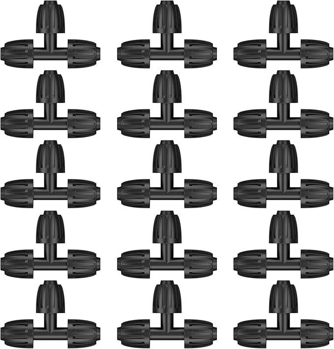 Pawfly 15 Pcs Drip Irrigation Fittings for 1/2 Inch Irrigation Tubing (1/2" ID x 0.64" OD), 1/2" Drip Line T Connectors with Anti-Drop Lock Nuts, Barbed Tees for Garden Irrigation System
