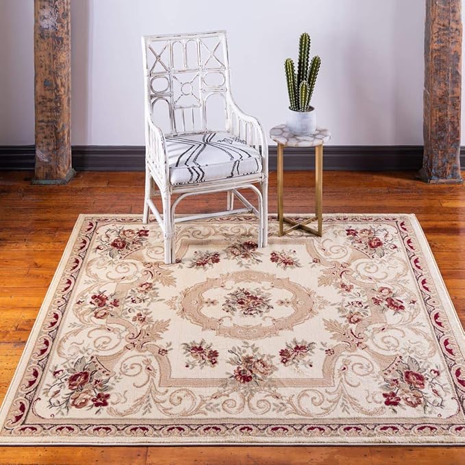 Unique Loom Versailles Collection Traditional Classic Floral Motif Area Rug (10' 0 x 10' 0 Square, Ivory/ Tan)
