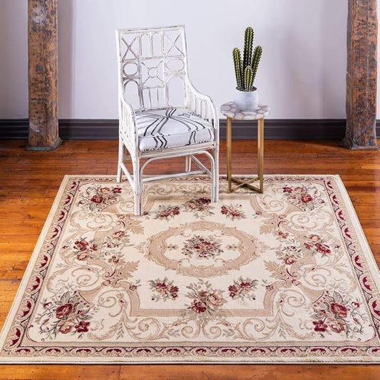 Unique Loom Versailles Collection Traditional Classic Floral Motif Area Rug (10' 0 x 10' 0 Square, Ivory/ Tan)