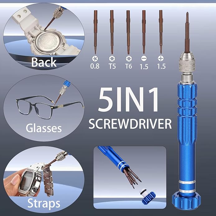Watch Battery Replacement Tool Kit, 108PCS Spring Bars, 5-in-1 Precision Screwdriver, Adjustable Back Case Opener, Holder, Pry Tool, Spring Bar Tool with Scale, Tweezer, Watch Repair Kit for Watch Back Removal and Band Replacement
