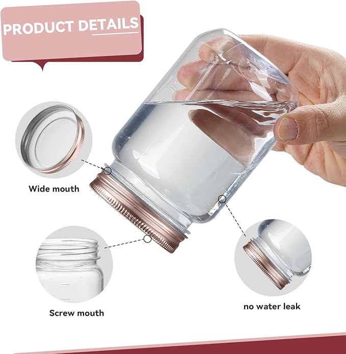 novelinks 16 oz Clear Plastic Jars with Screw-On Lids - BPA-Free Refillable Storage Containers for Slime, Food, Crafts, Kitchen & Household Use (10 Pack,Rose Gold)