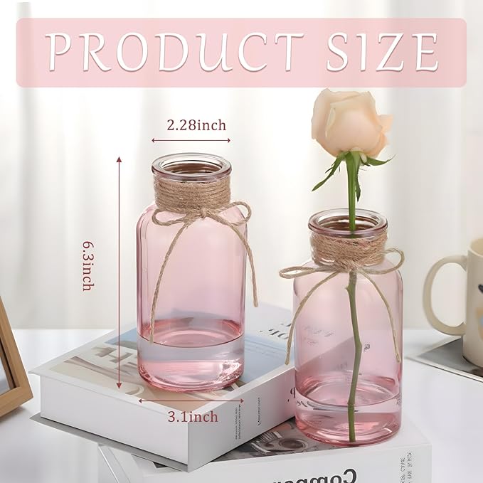 Pink Glass Flower Vases for Centerpieces Set of 6, Mason Jars Boho Cylinder Bud Vases in Bulk, for Weddings Parties Vintage Home Decor