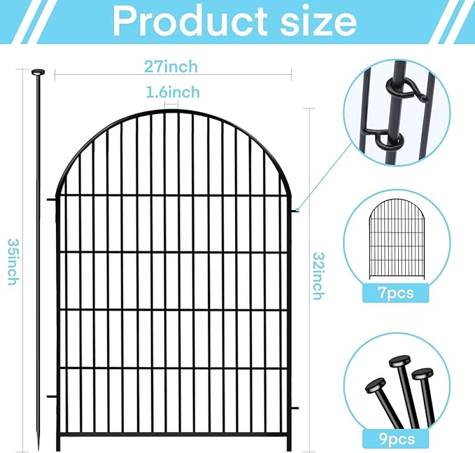 Garden Fence Border, 32 in(H) x17.5 Ft(L) 8 Panels, Tall Garden Animal Barrier Fence with Gate, Dog Fence Outdoor for Yard, Arched Rustproof Metal No Dig Fence, Flower Bed Fencing