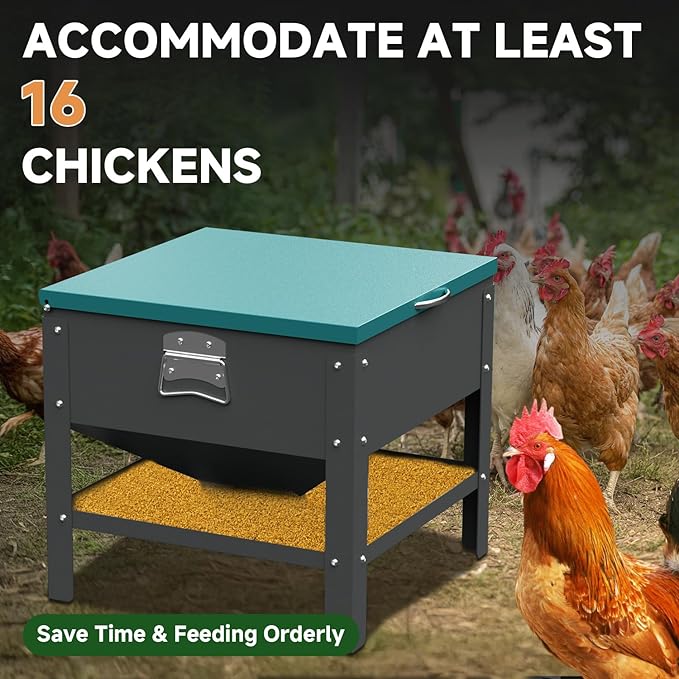 Portable Metal Chicken Feeder with Waterproof Lid, Freestanding Chicken Feeding Box with 80 lbs Large Capacity for Chickens, Green