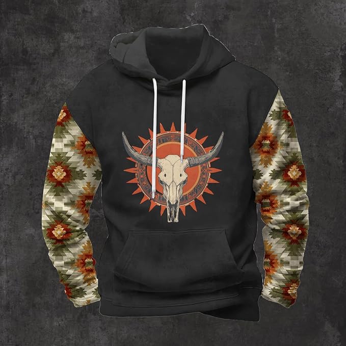 Mens Hooded Sweatshirt Vintage American Element Long Sleeve Fall Hoodie Classic Drawstring Front Pocket Pullover