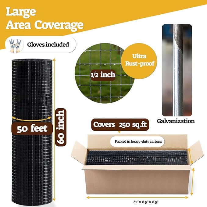 HORCH Black Hardware Cloth 1/2 inch Mesh 60 inch x 50 feet 19-Gauge, Chicken Wire Fencing, Coating Wire Mesh Roll, Chicken Wire Fence Roll, Chicken Wire Mesh, Welded Wire Fencing, Garden Fence