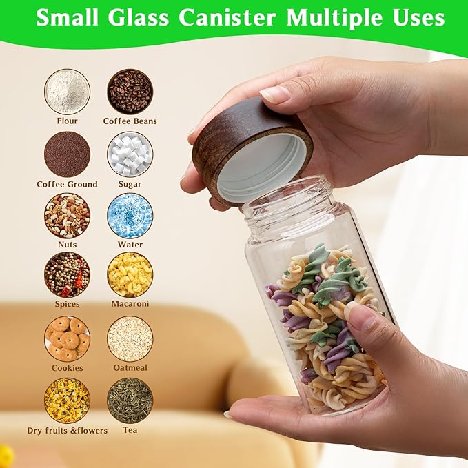 Small Glass Jars with Airtight Lid Clear Coffee Ground Storage Canister Wooden Lid Round Glass Spice Jar for Pantry Sugar Tea Bean Nuts Cookies Bath Salts (4×250ml(8.4oz))