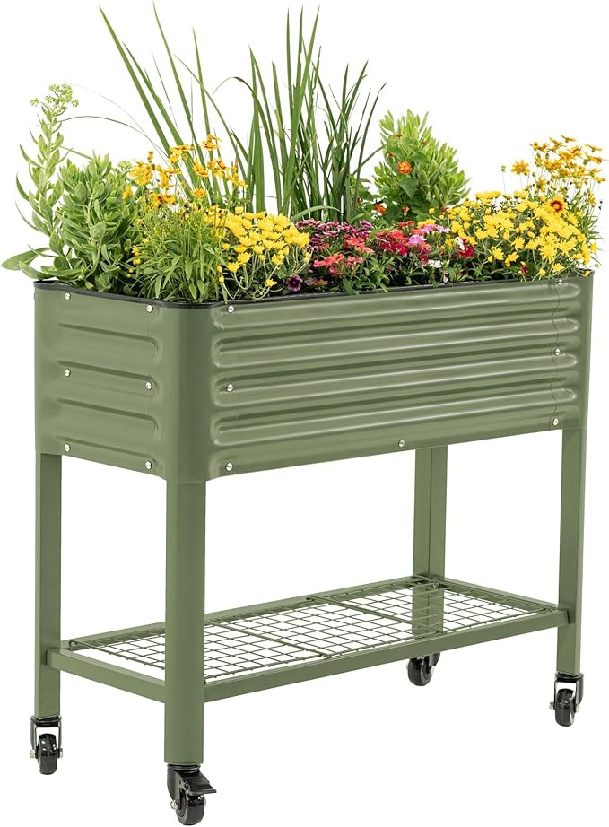 Rolling Elevated Raised Garden Bed - Slim Series, 1.5' x 3.5' Outdoor Planters Boxes with Legs & Storage Rack for Patio, 500 Lbs Weight Capacity, Raised Beds for Gardening Herbs Flowers, Olive Green