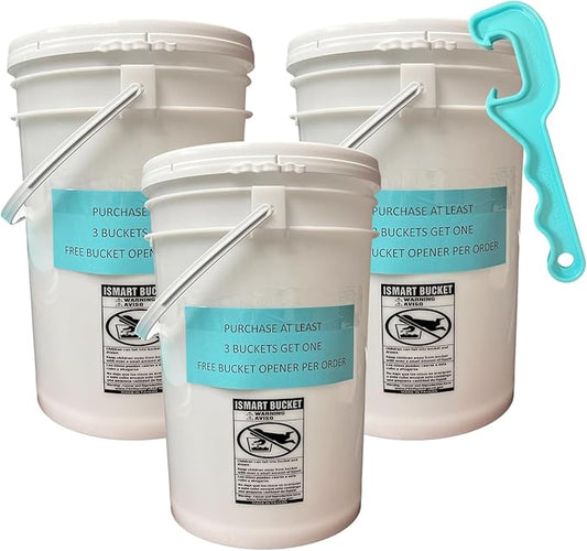 6 Gallon Plastic Bucket Pail Food Grade with Lid (Pack of 3) (White)+ Free Bucket Opener Tool